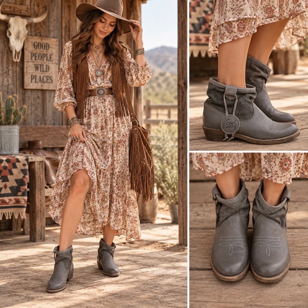 Western Boho Slouchy Gray Leather Linen Ankle Boots US Size 7 Coolway Going Out